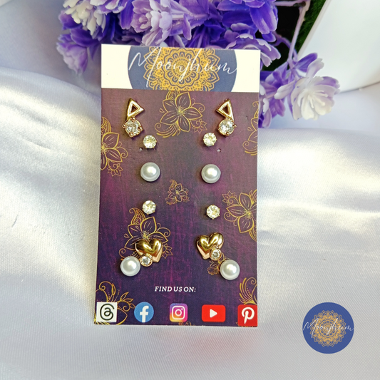 Exclusive Design Combo 6 Pairs Crystal Pearl Gold Stud Earrings Set Cooper Brass Metal Stud Earring, Earring set